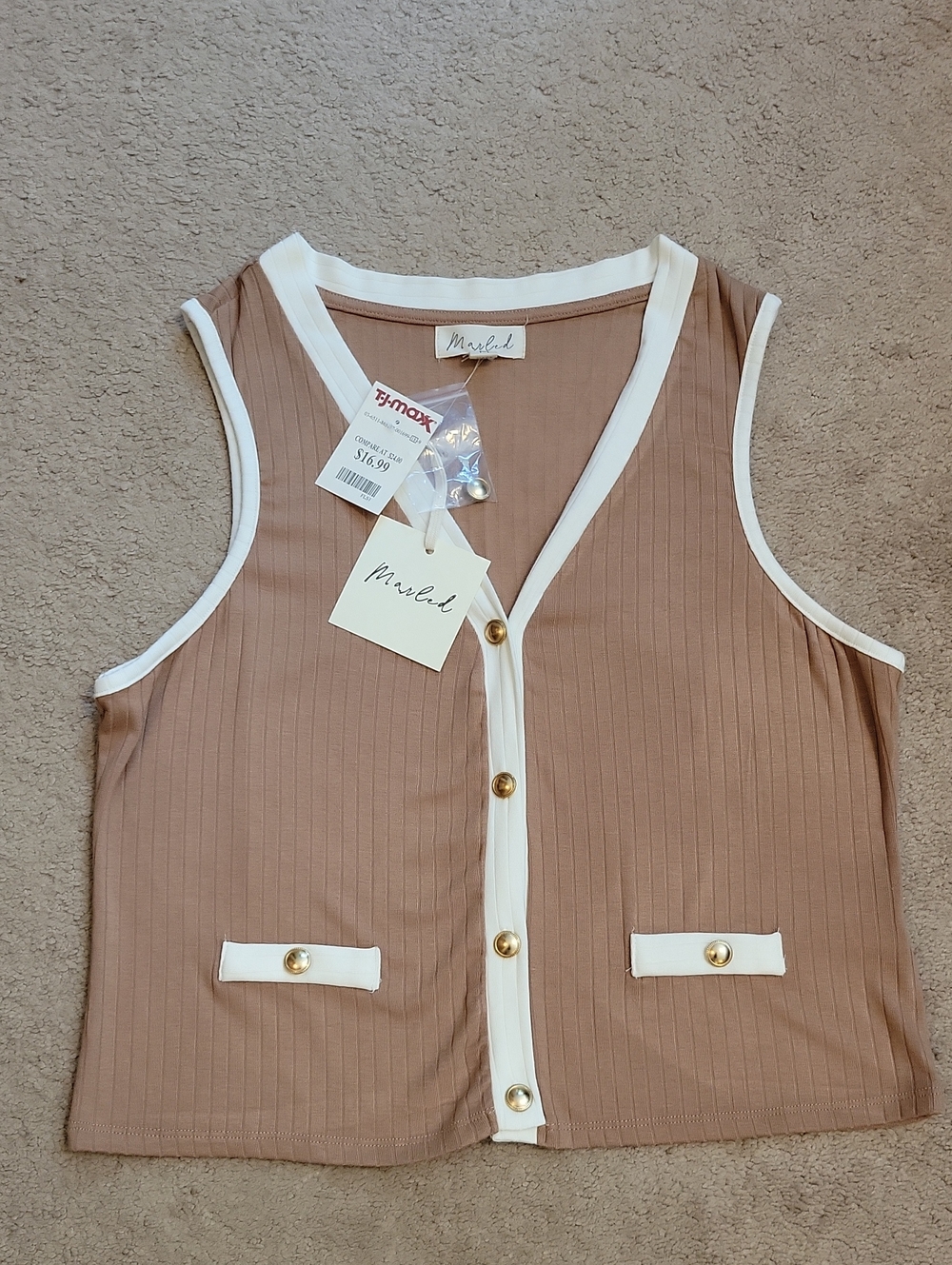 Marbled NWT Camel Ribbed Button Front Vest Top Ivory Trim Gold Buttons M